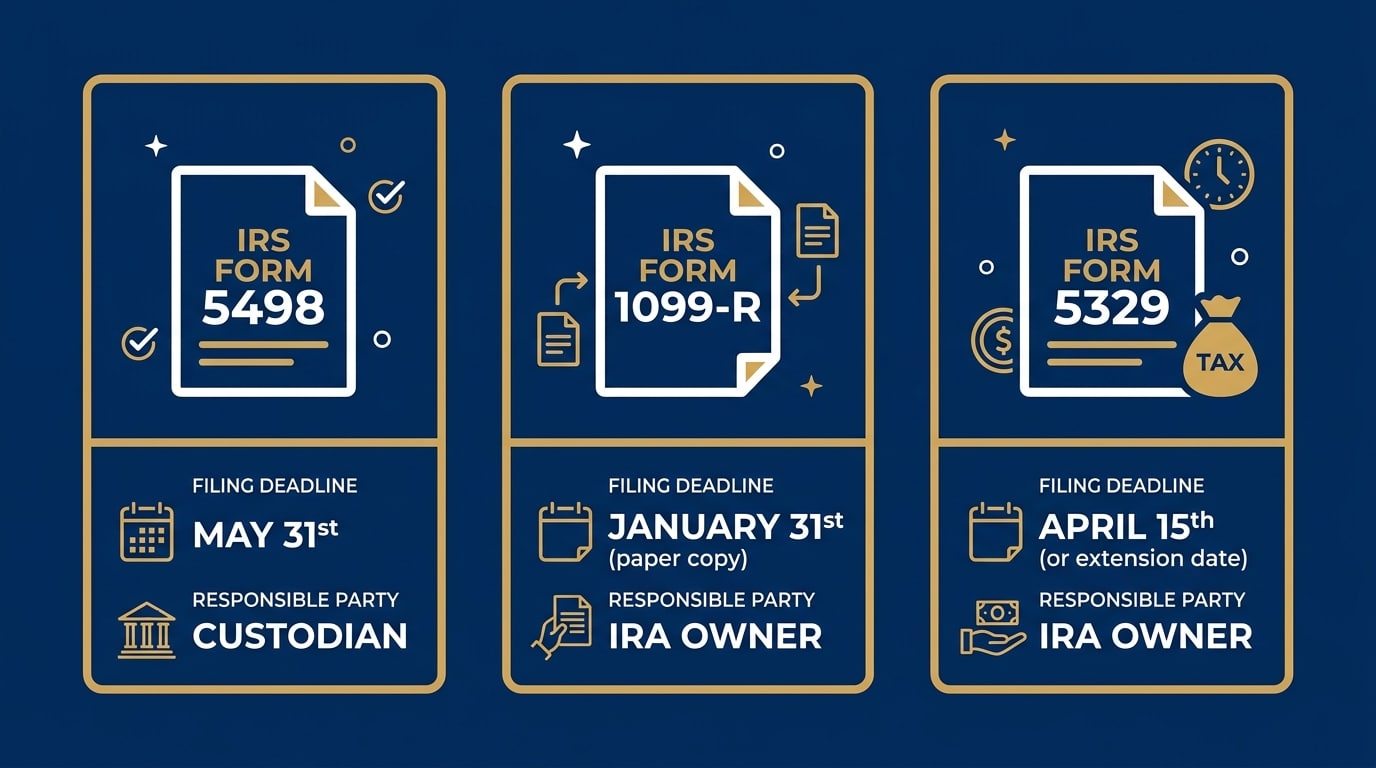 IRS form reference guide for gold IRA owners showing Form 5498 and Form 1099-R annual filing requirements