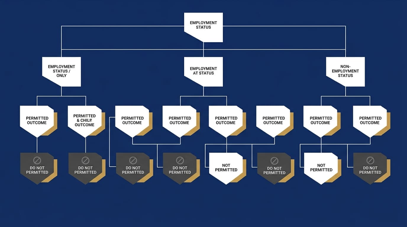 In-service distribution eligibility decision matrix showing employment status conditions and rollover outcomes