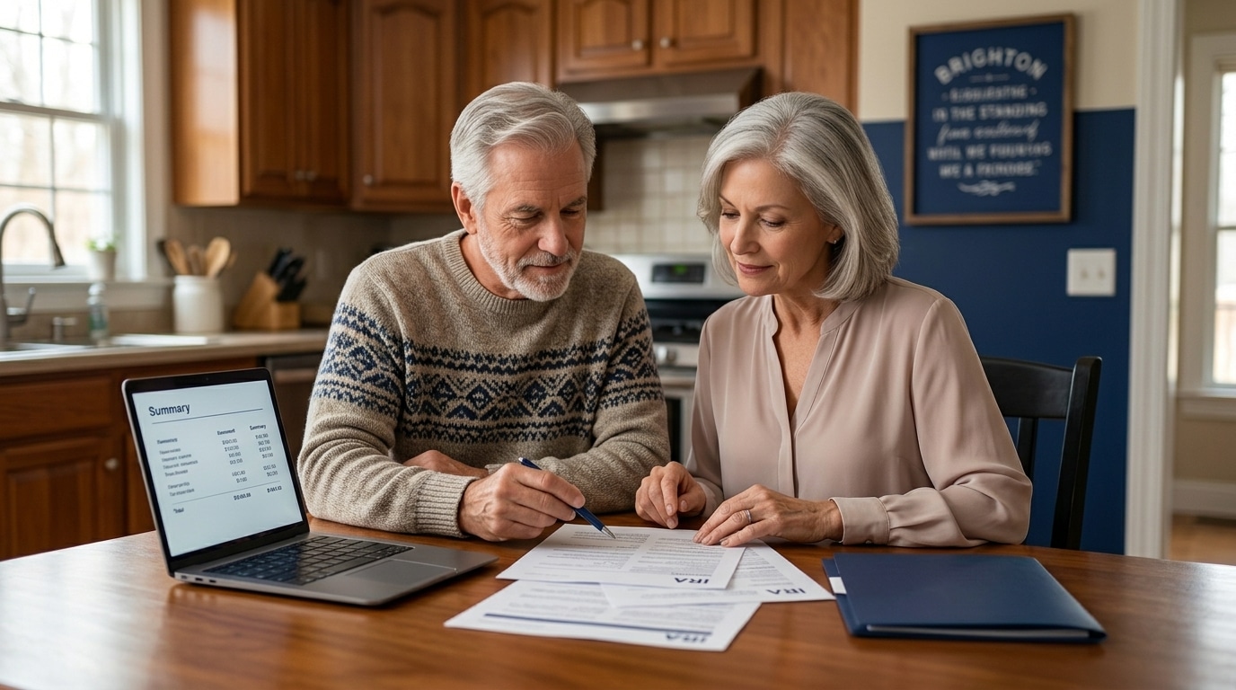 Retired couple reviewing Gold IRA storage paperwork together at kitchen table