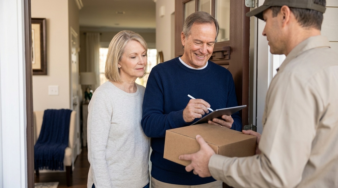 Retirement-aged couple receiving insured precious metals delivery at home