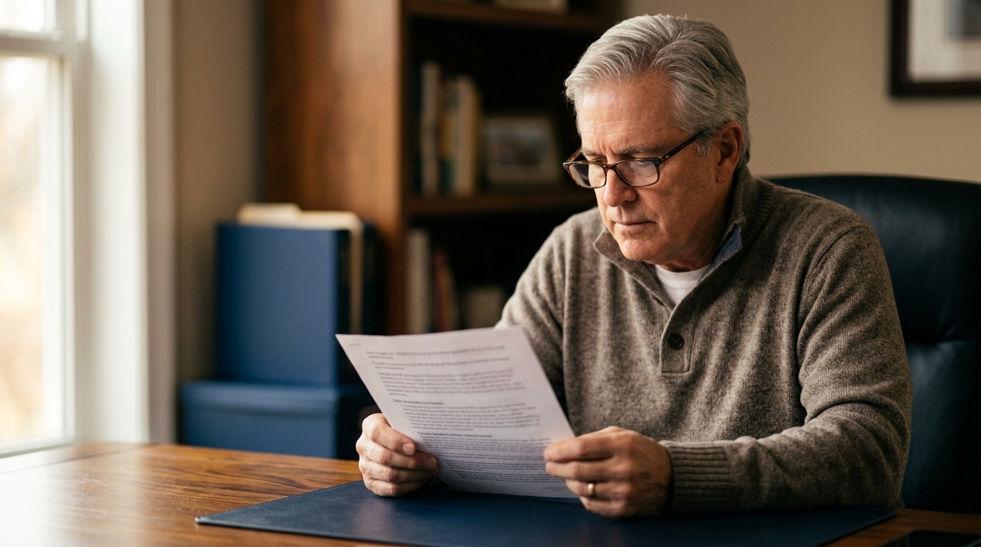 Retirement-aged man reviewing no fee gold IRA documentation at home office desk