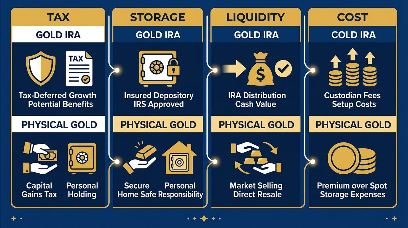 Side-by-side comparison of Gold IRA and physical gold across tax storage liquidity and cost