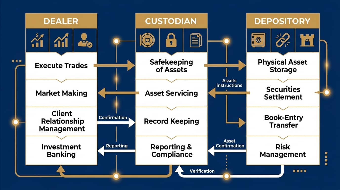 Three party structure diagram showing Gold IRA dealer custodian and depository roles