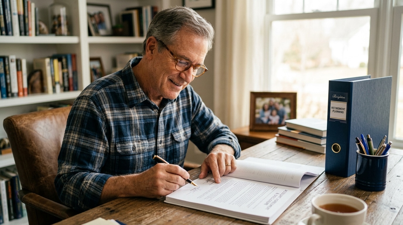 retirement aged man reviewing gold IRA account agreement at home office desk with pen and reading glasses