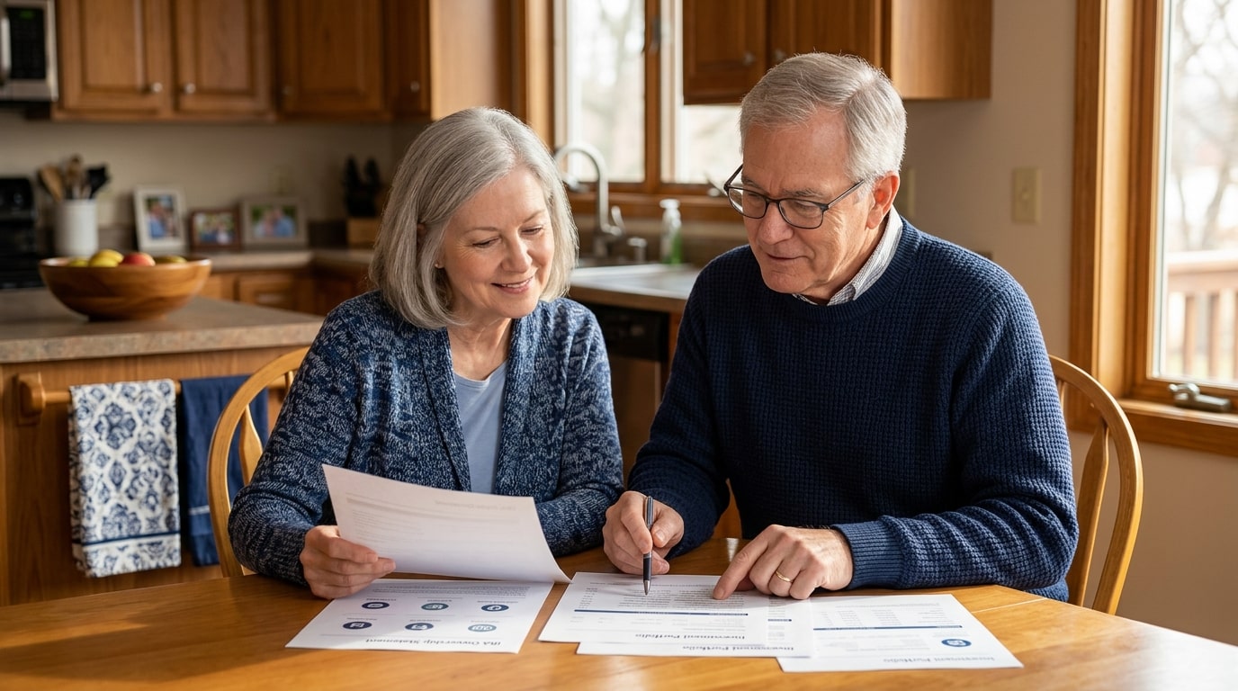 Retired couple reviewing Gold IRA custodian options at kitchen table