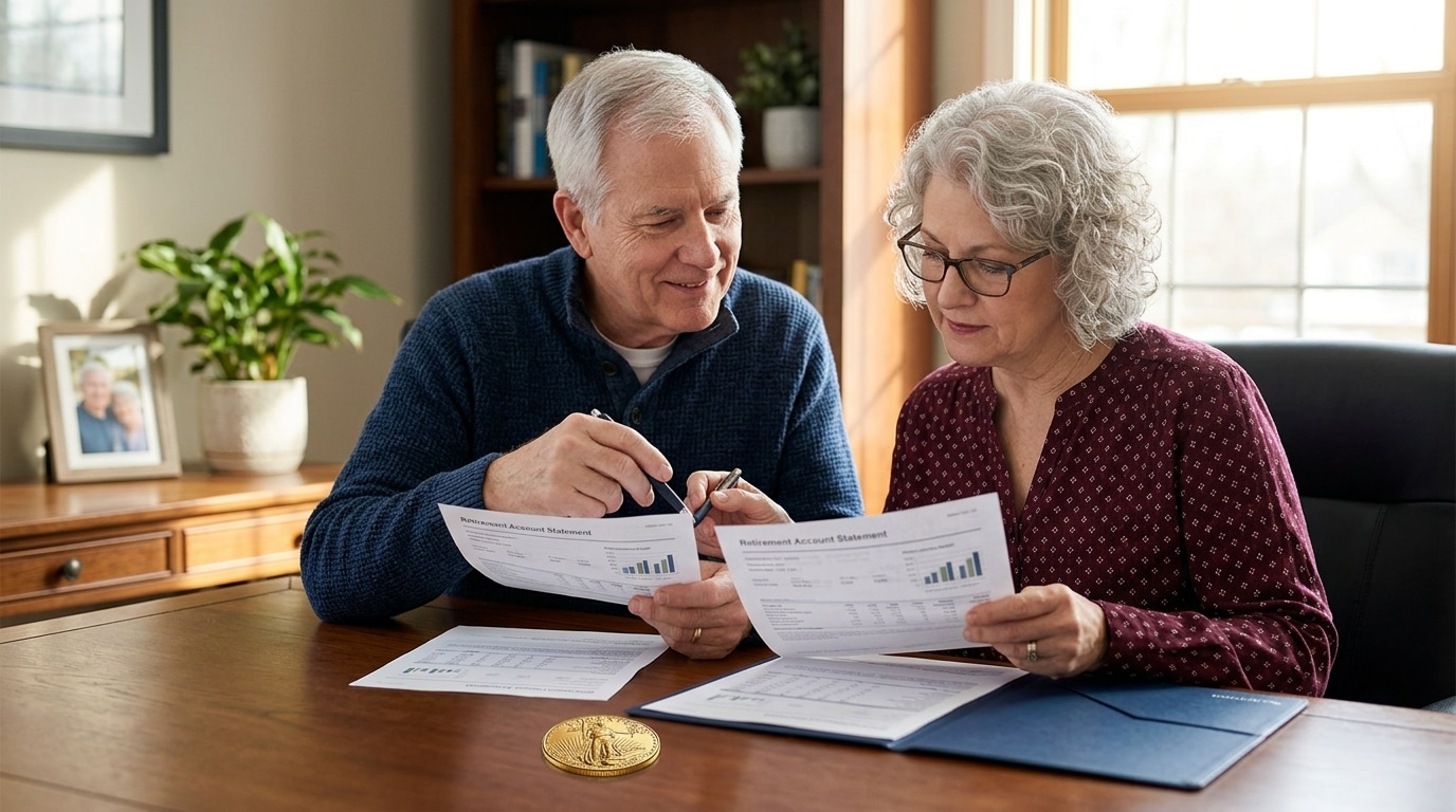 Retired couple reviewing annual gold IRA account statement at home office desk