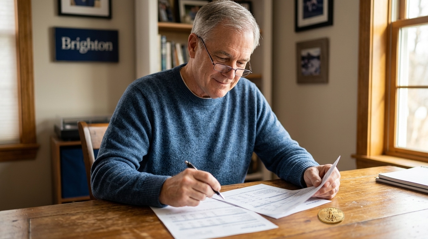Retirement-aged American reviewing Gold IRA transfer documents at home office desk
