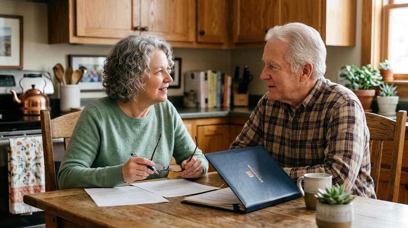 Retirement aged couple discussing Gold IRA rollover decision at home kitchen table