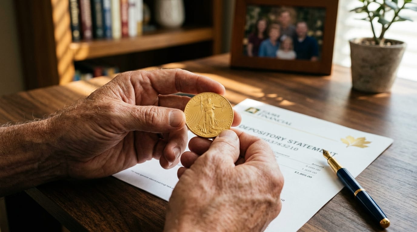 Retirement aged man holding Gold American Eagle coin with depository statement visible in background