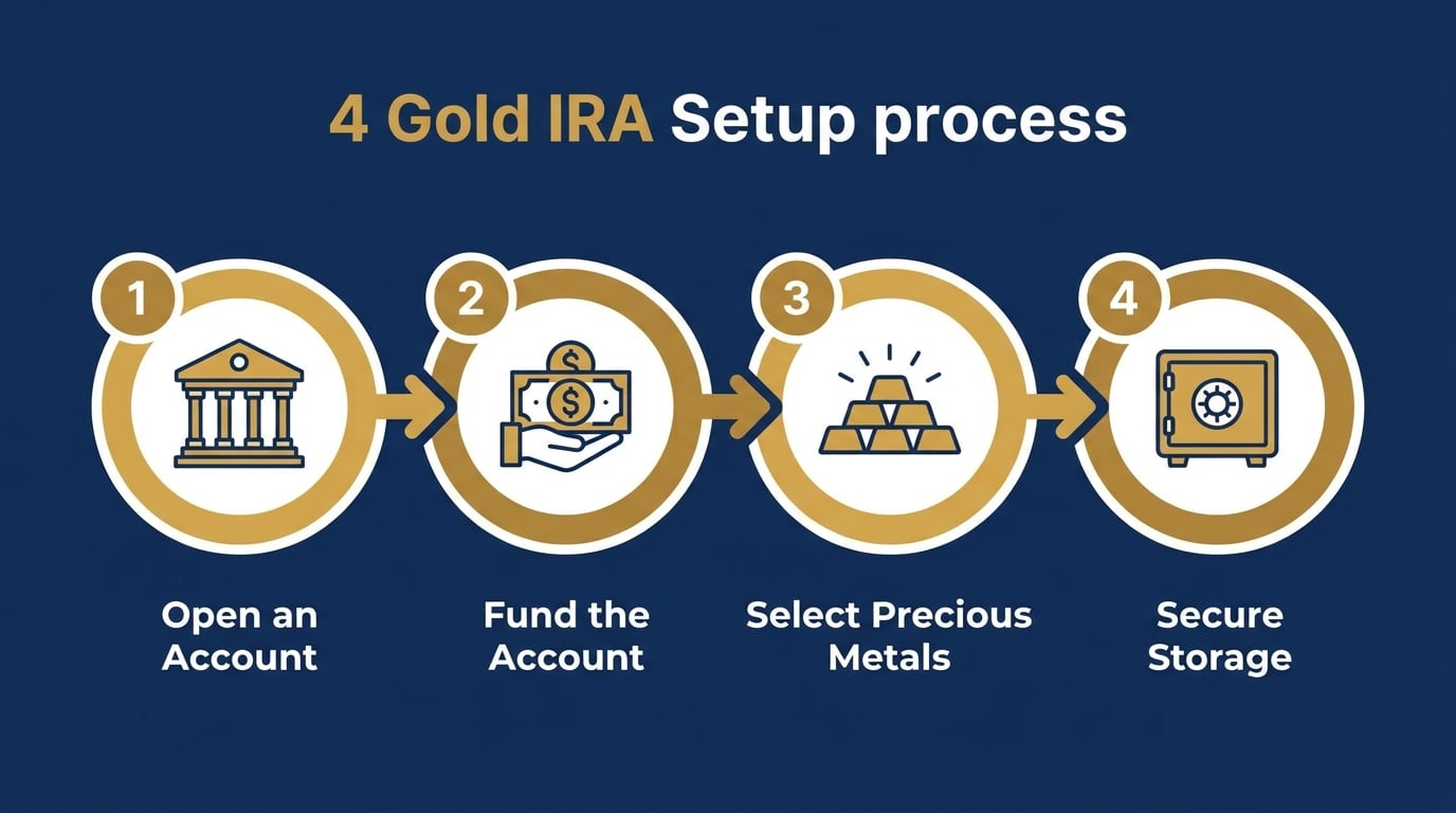 Four step Gold IRA setup process flowchart showing custodian selection funding metals purchase and depository storage