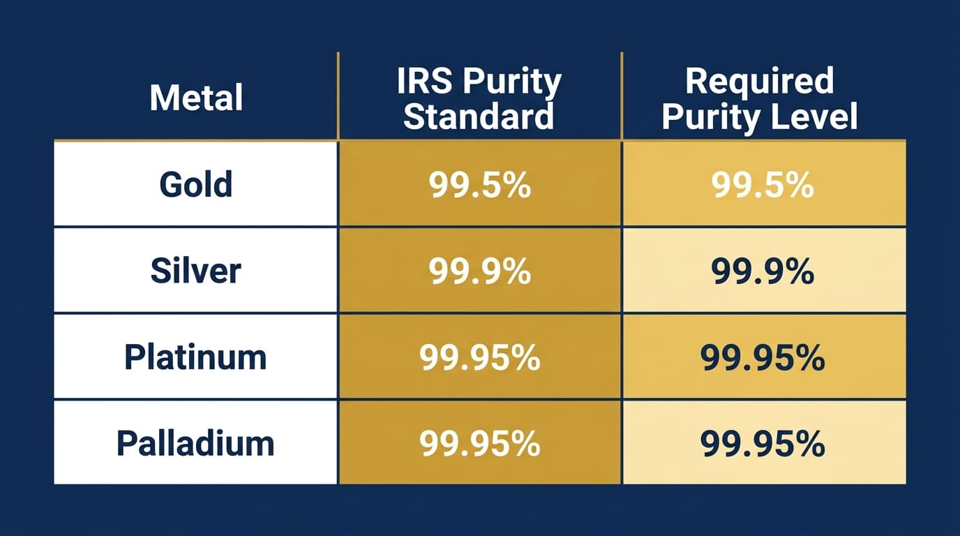 IRS purity standards chart for gold silver platinum and palladium in a self directed IRA