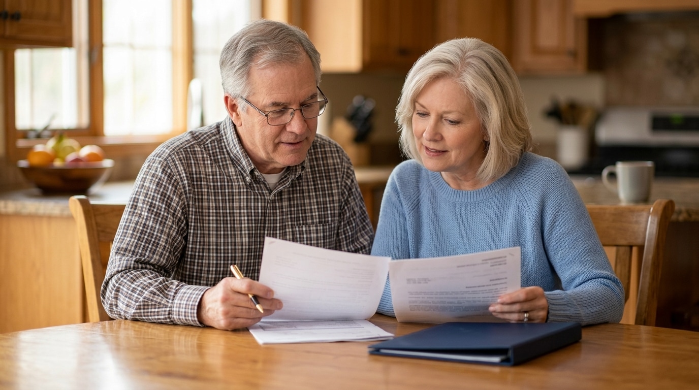 Retired couple reviewing precious metals IRA paperwork at home