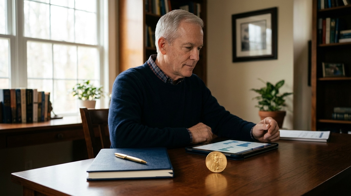 Retirement aged American man reviewing gold IRA documents with Gold American Eagle coin on desk