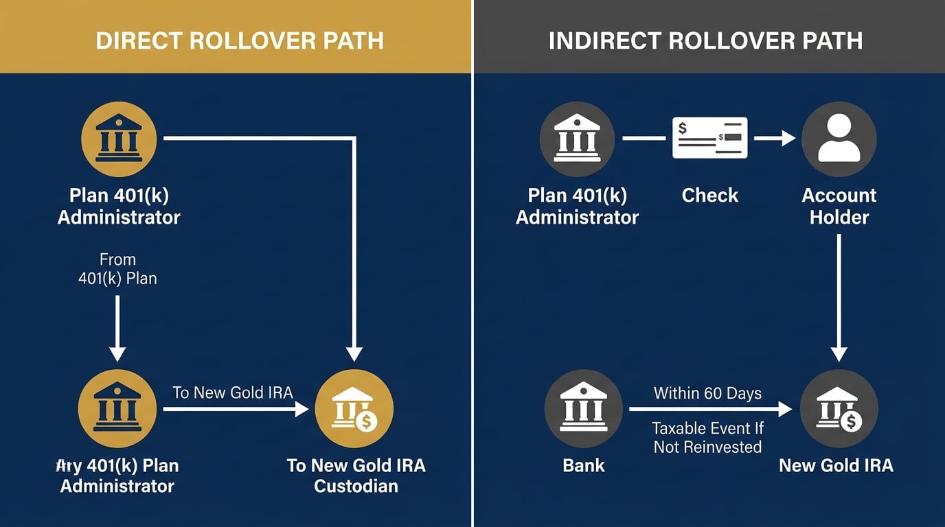 Side by side comparison of direct rollover and indirect rollover paths for Gold IRA funding