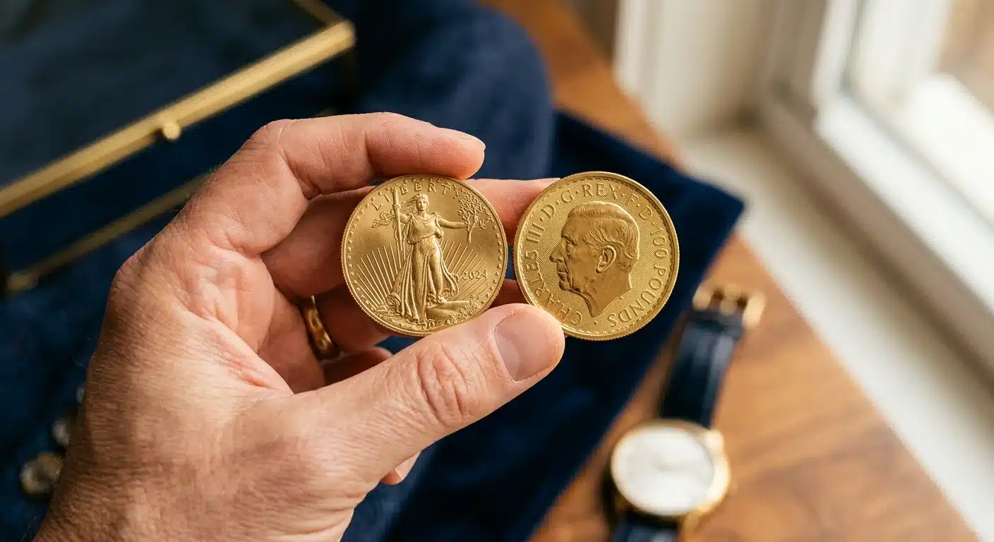 American Gold Eagle coin compared to foreign gold coin held in hand