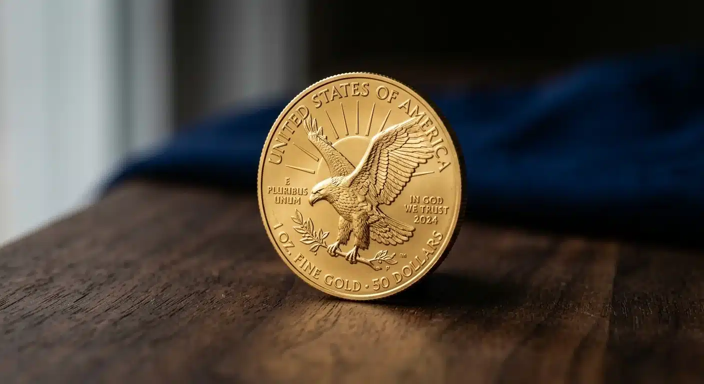 American Gold Eagle gold coin on wooden surface for wealth preservation