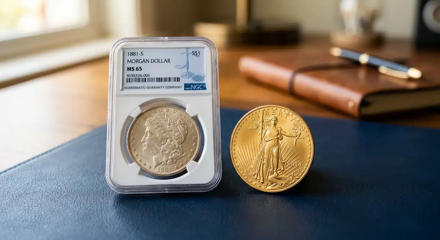 Bullion coin and graded numismatic coin side by side comparison