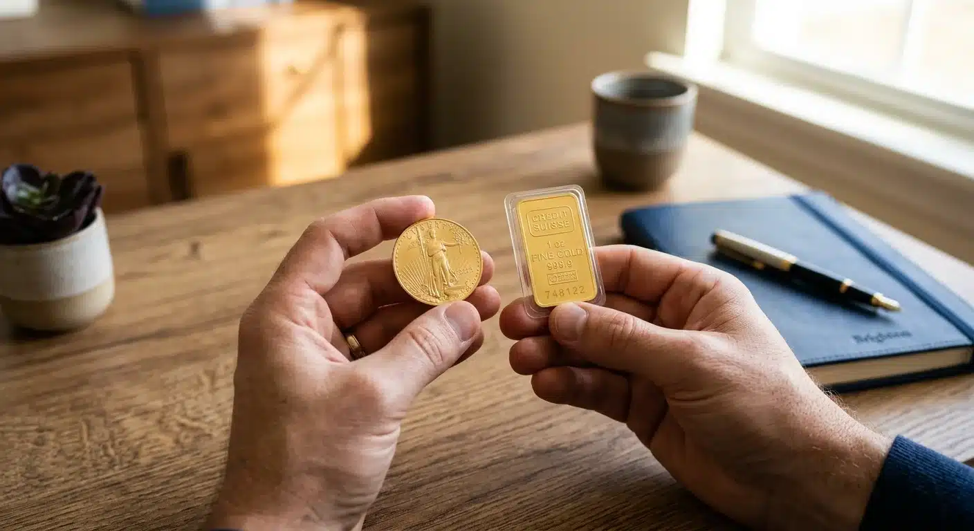 Comparison of gold coin and gold bar held by owner