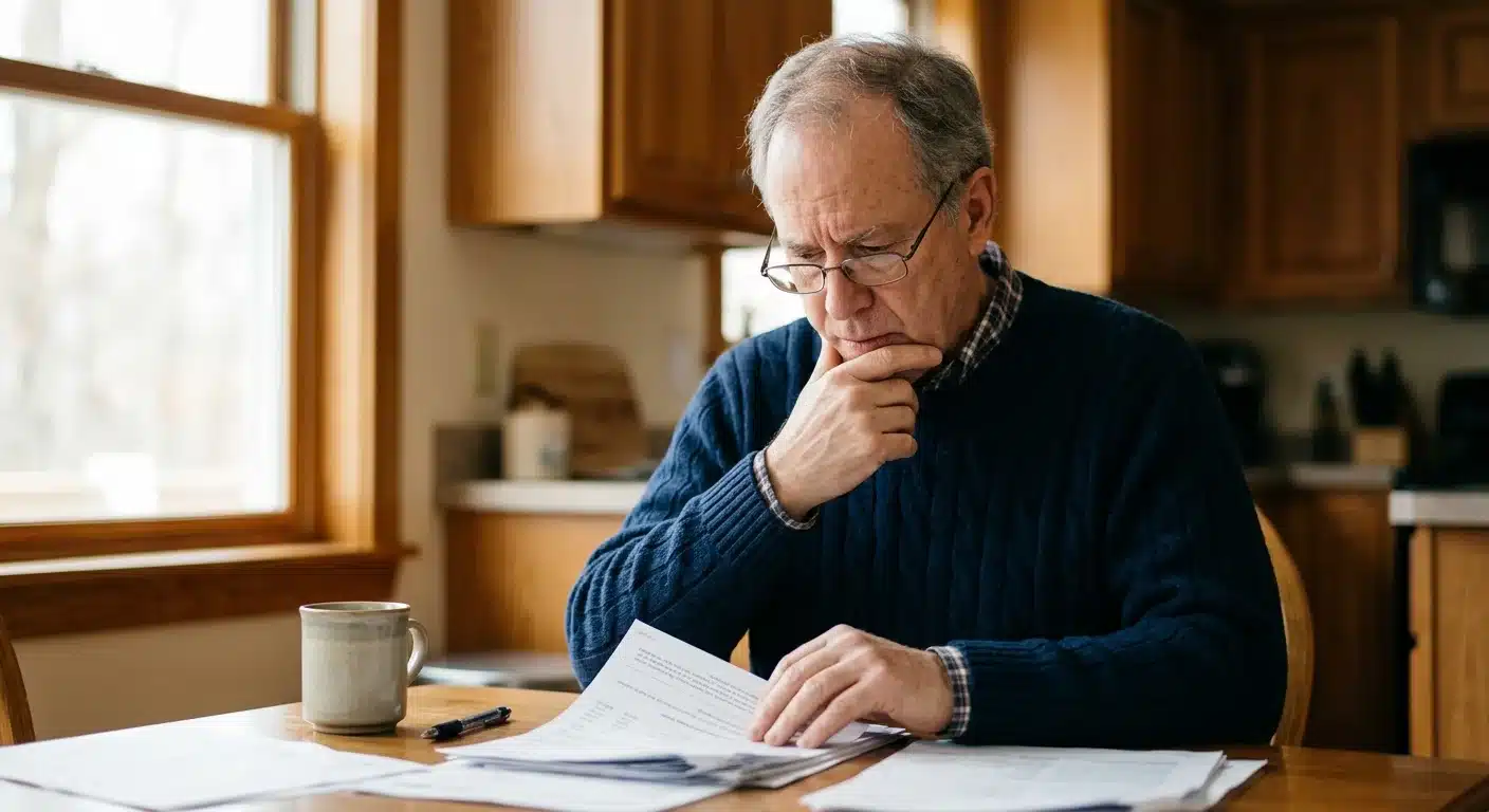 Concerned retirement aged American reviewing gold investment documents at home