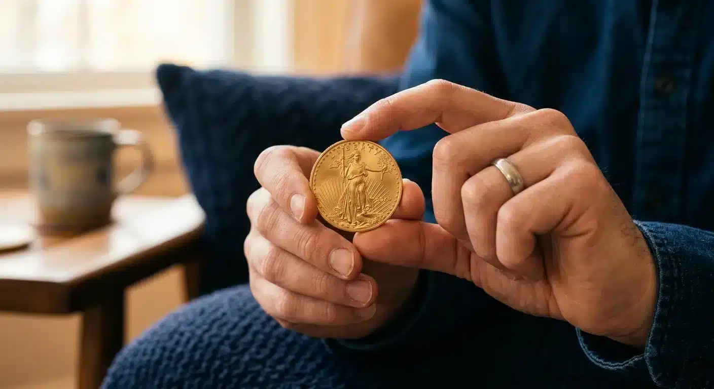 Customer holding Gold American Eagle coin for home delivery