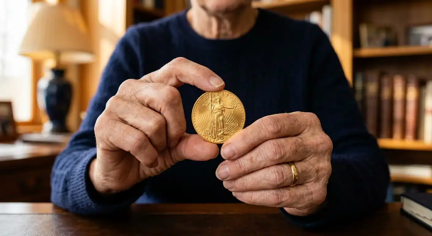 Retirement aged American examining Gold American Eagle coin authenticity at home