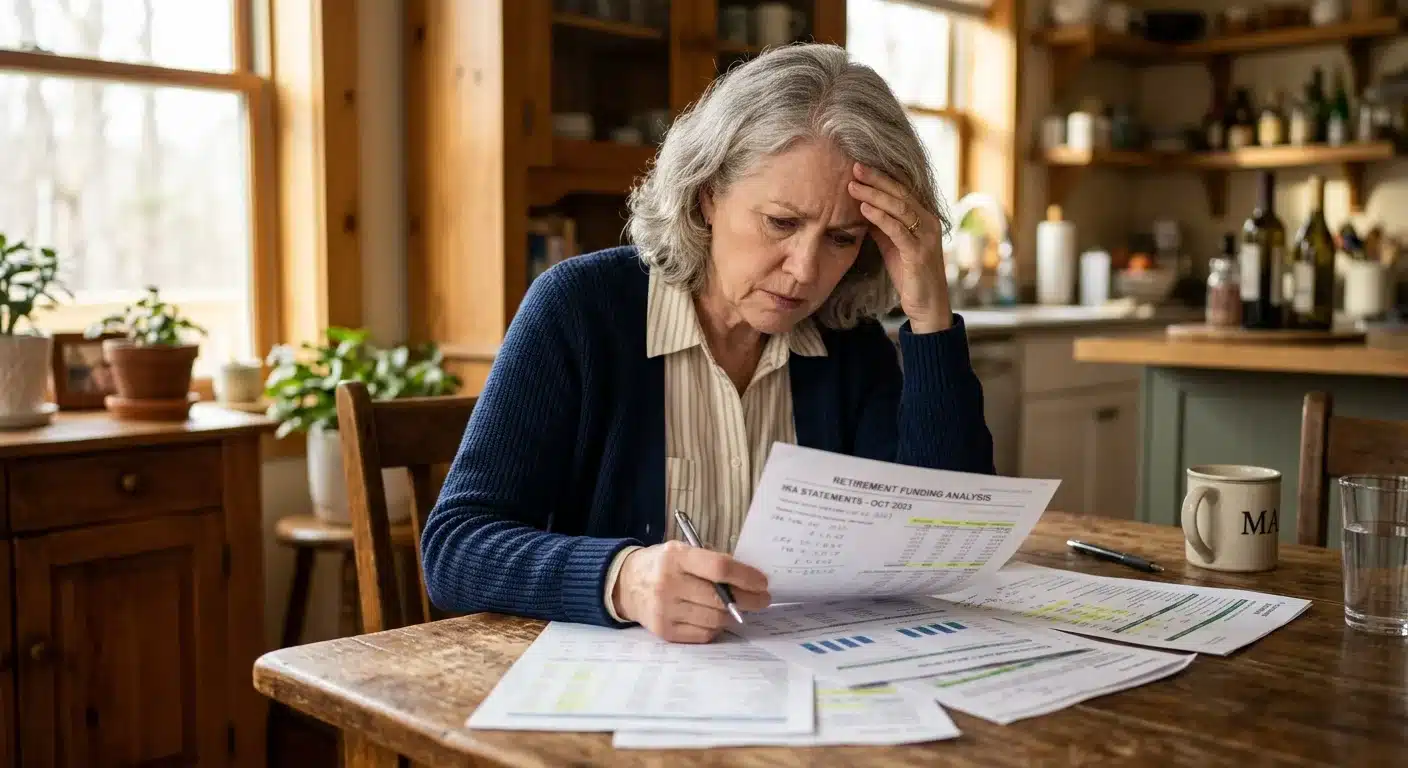 Retirement aged American reviewing financial privacy documents at home
