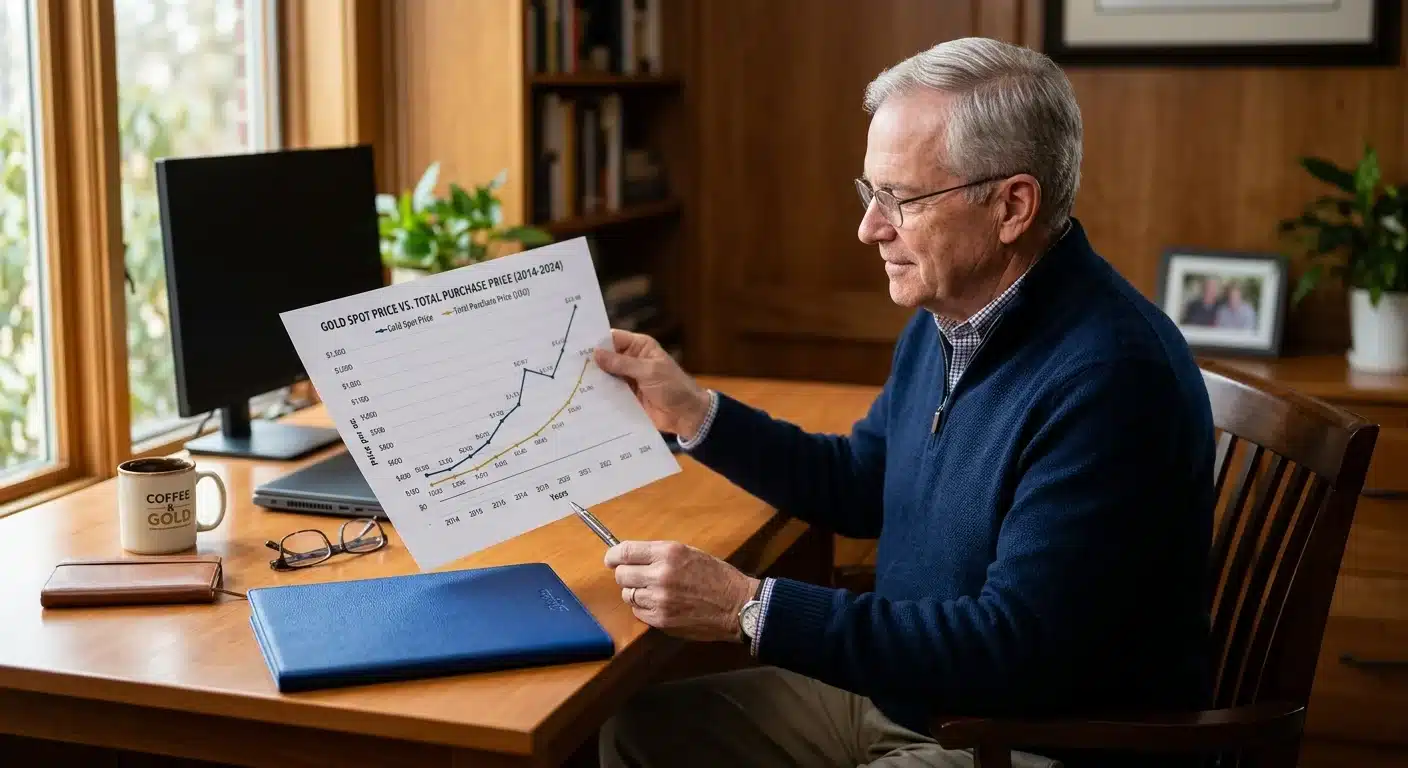 Retirement-aged American reviewing gold price breakdown chart
