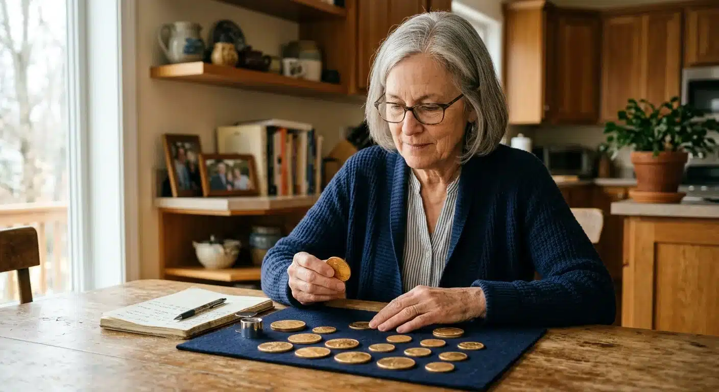Retirement aged American reviewing physical gold coins for liquidity at home