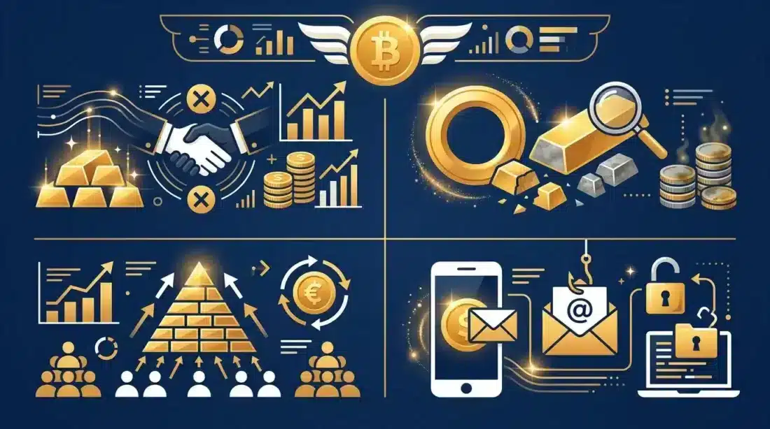 Four common types of gold scams illustrated in data visualization grid