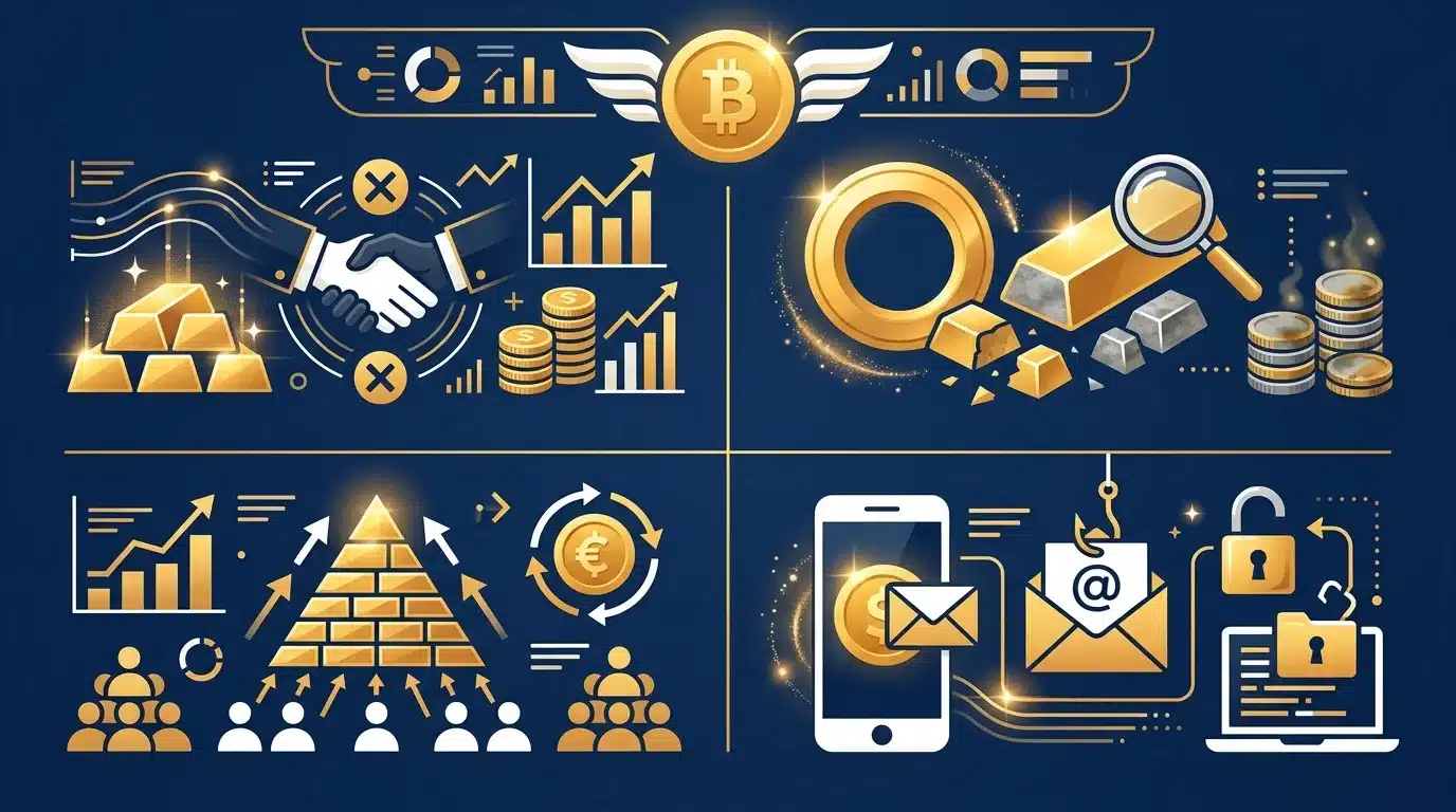 Four common types of gold scams illustrated in data visualization grid