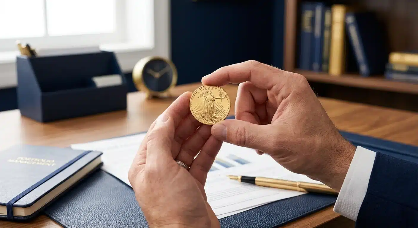 Gold American Eagle coin being evaluated by precious metals dealer