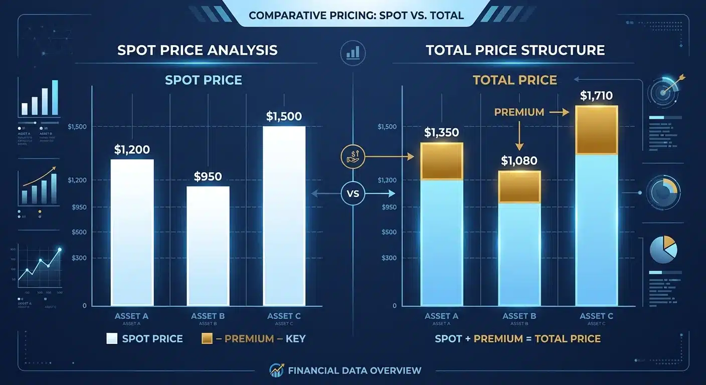 Gold spot price compared to total purchase price with premium highlighted