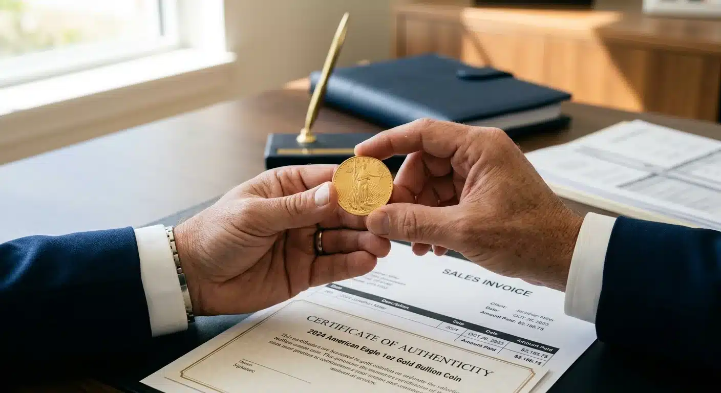Hands holding Gold American Eagle coin with purchase documentation