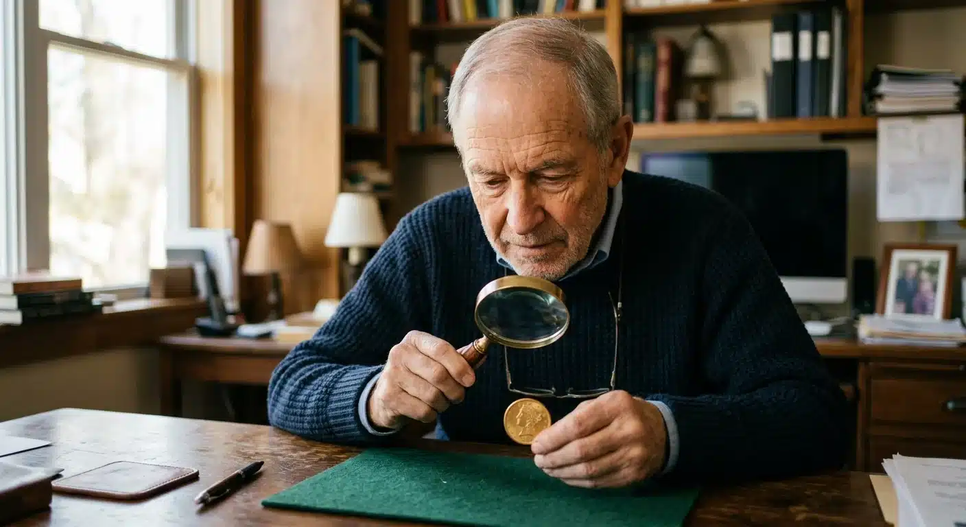 Retirement aged American examining gold bullion coin for authenticity