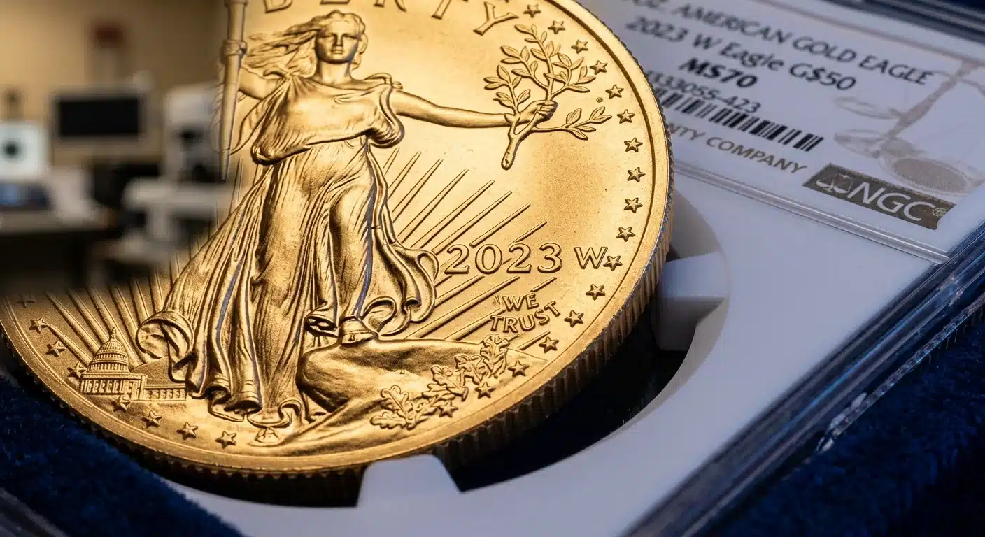 Close-up of American Gold Eagle security features and authentication details