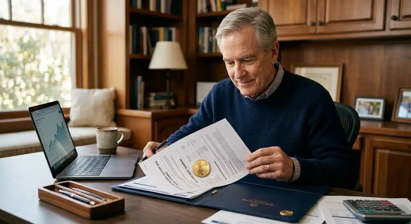 Conservative purchaser reviewing precious metals IRA documents with gold coin
