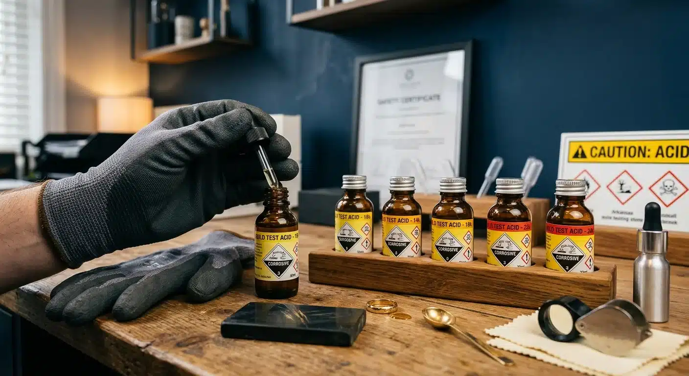 Gold testing acid kit with safety equipment for professional use only