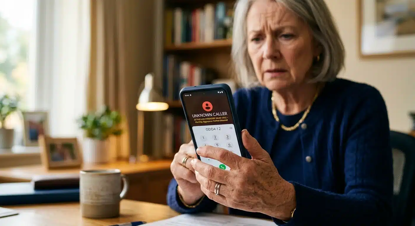 Retirement aged American receiving high pressure gold sales call on smartphone