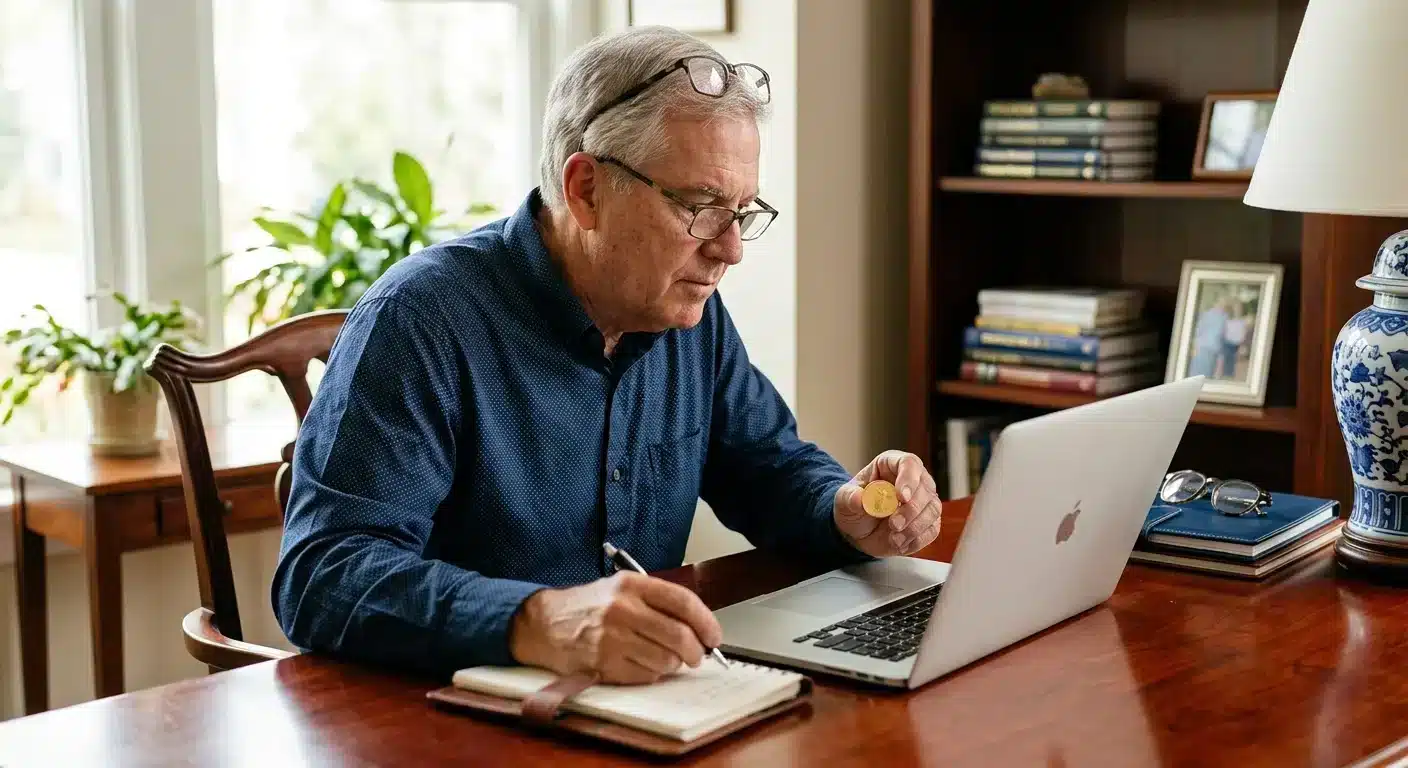 Retirement-aged American reviewing precious metals liquidity pricing online