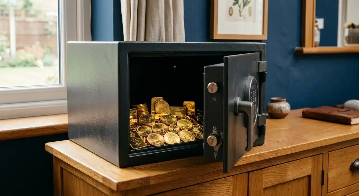 Secure home safe containing physical gold coins for private storage