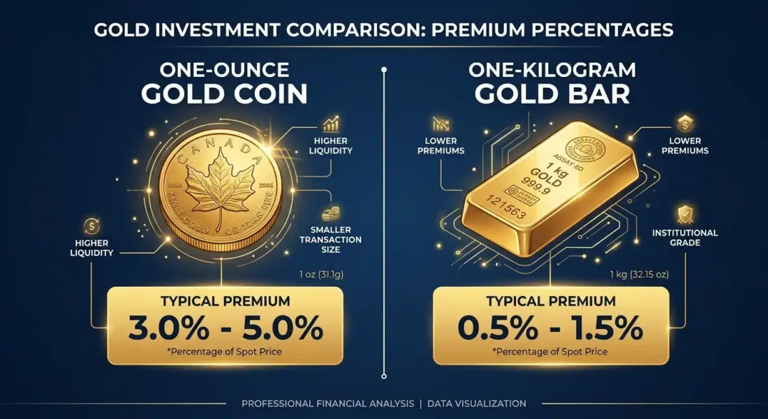 Gold coin compared to gold bar showing different premium percentages