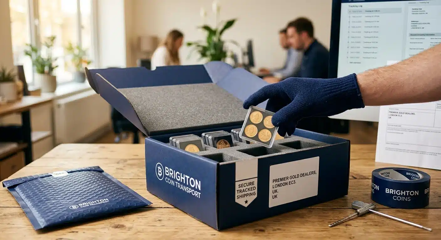 Physical gold coins packaged for secure shipping to dealer