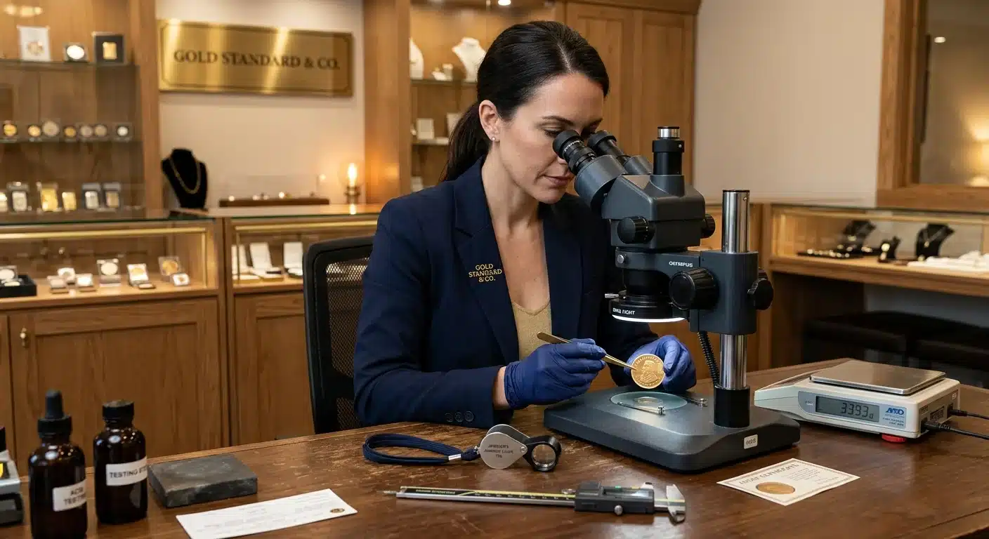 Professional jeweler verifying gold coin authenticity with precision equipment