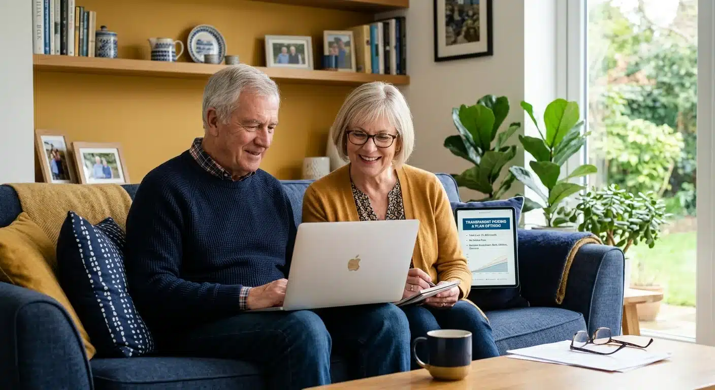 Retirement aged couple reviewing transparent gold pricing information at home