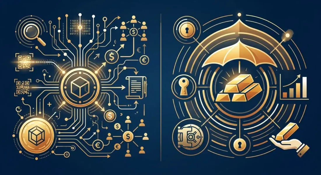 Visual comparison of digital currency surveillance versus physical gold privacy