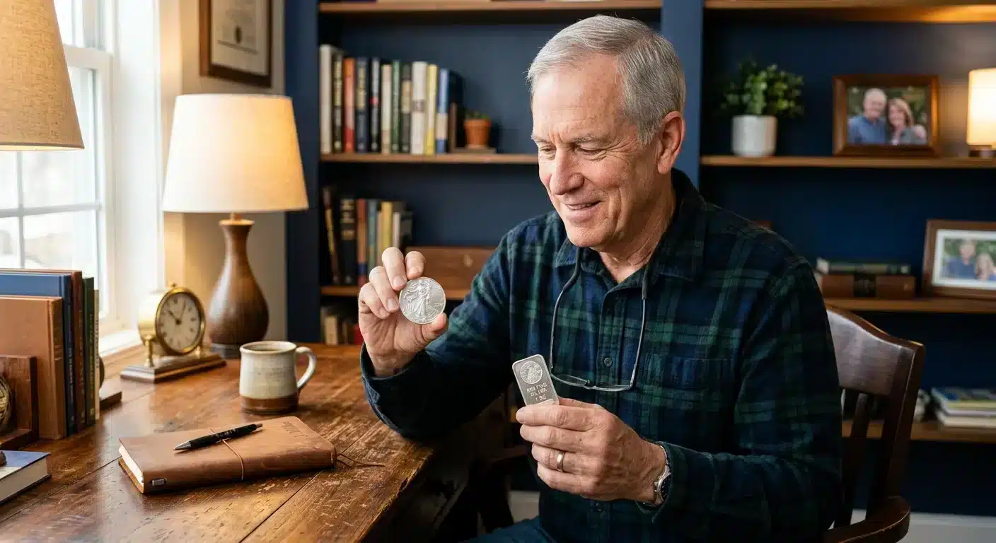 Retirement-aged man comparing silver coin and silver bar for wealth preservation