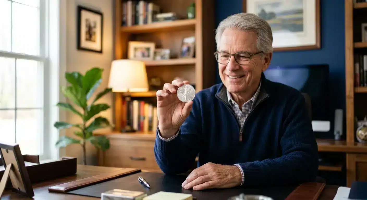 Retirement-aged man examining physical silver coin for long-term wealth preservation