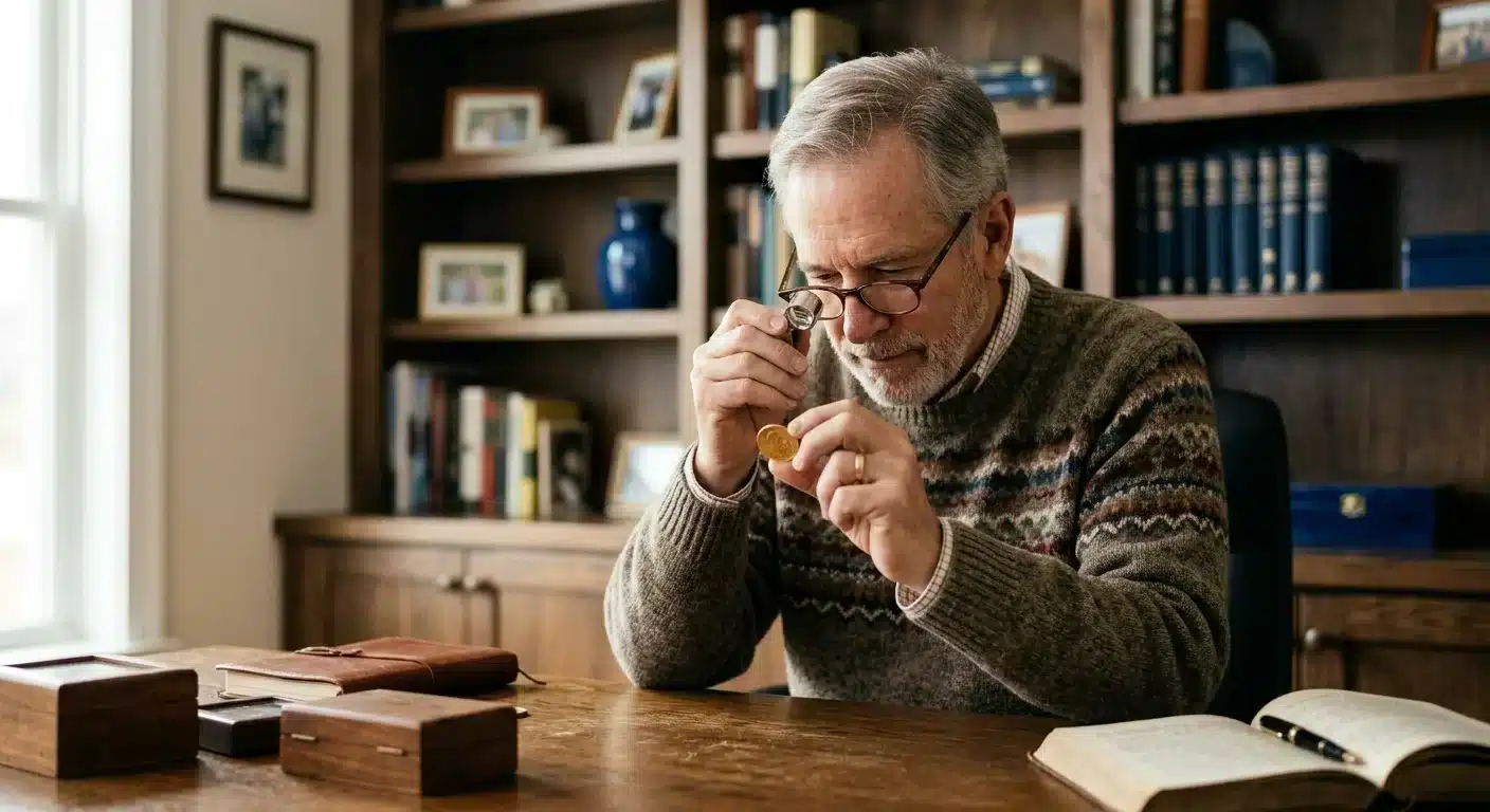 Retirement-aged man reviewing physical gold coin secure storage options
