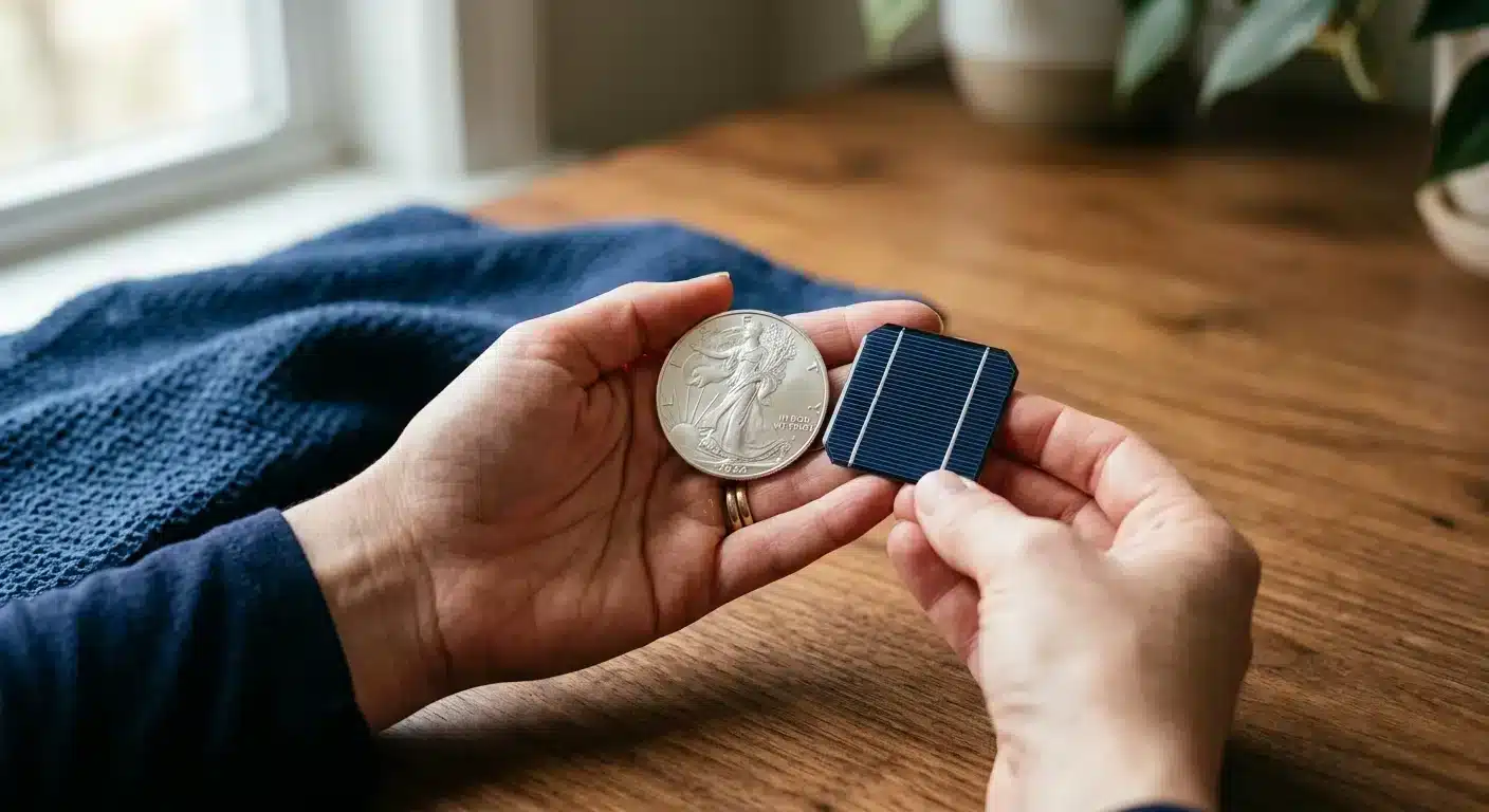 Silver American Eagle coin beside solar panel component showing dual industrial monetary role