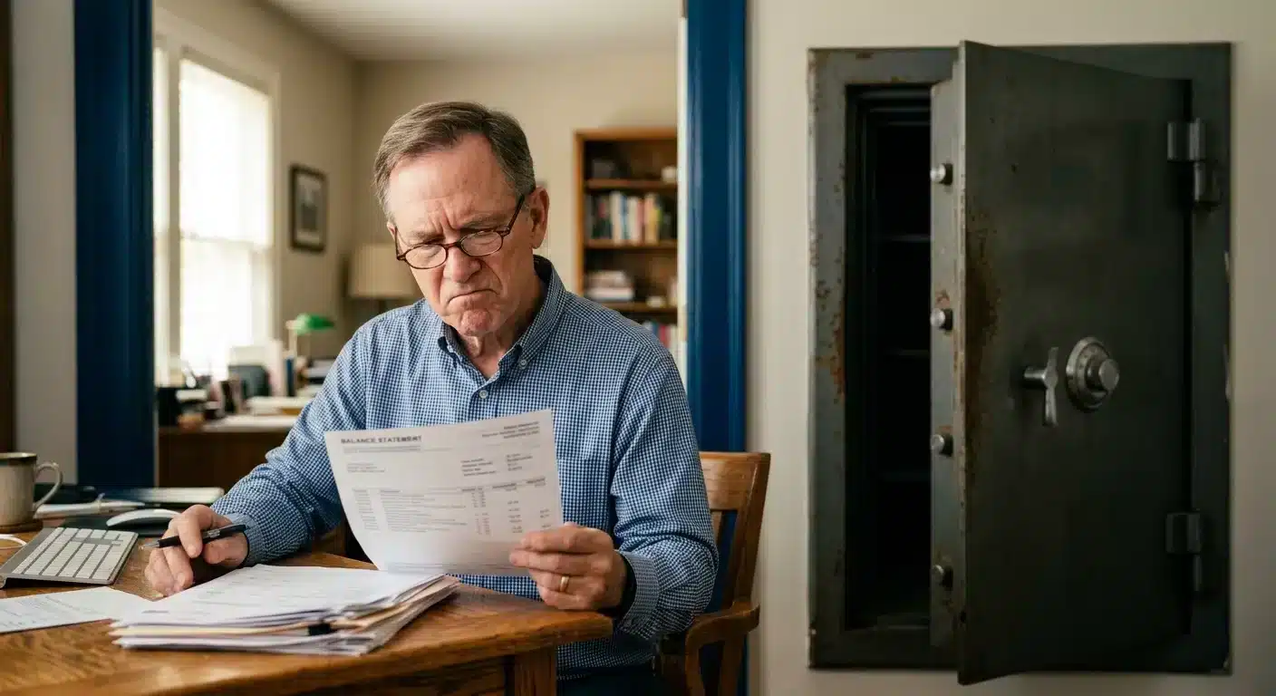 Retirement-aged man comparing paper gold statement to empty vault
